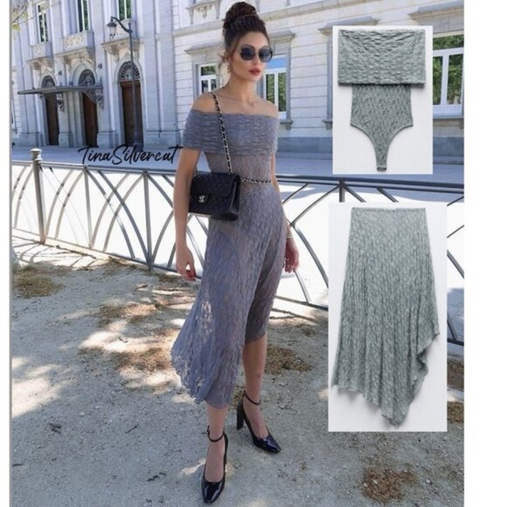 NWT Bloggers Favorite Zara 2 pc SET Grey Lace Dress Skirt Bodysuit L